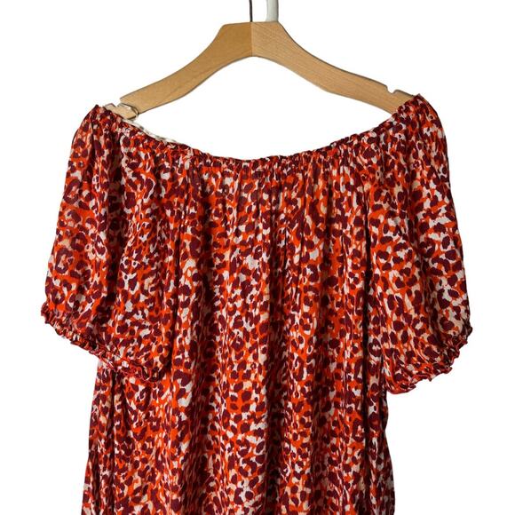 Lucky Brand Plus 1X Red & Orange Animal Print Tie-Neck Off-Shoulder Boho Top - Picture 6 of 9